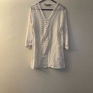 La Blanca Ivory V-Neck Crochet-Trim Tunic
